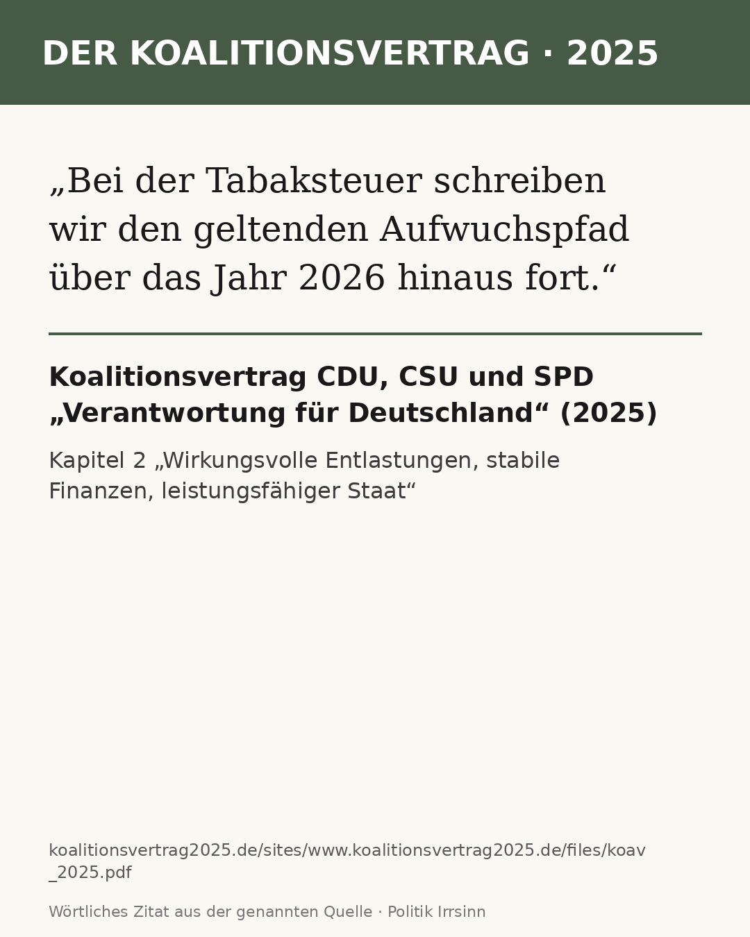 Zitatkarte: Koalitionsvertrag zur Tabaksteuer, Quelle und Datum siehe Karte