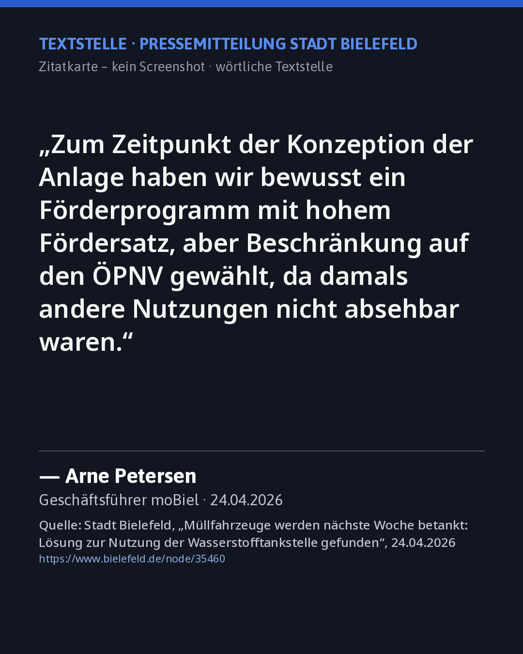 Zitatkarte: moBiel-Geschäftsführer Petersen zur Förderbindung der Tankstelle, Quelle siehe Karte