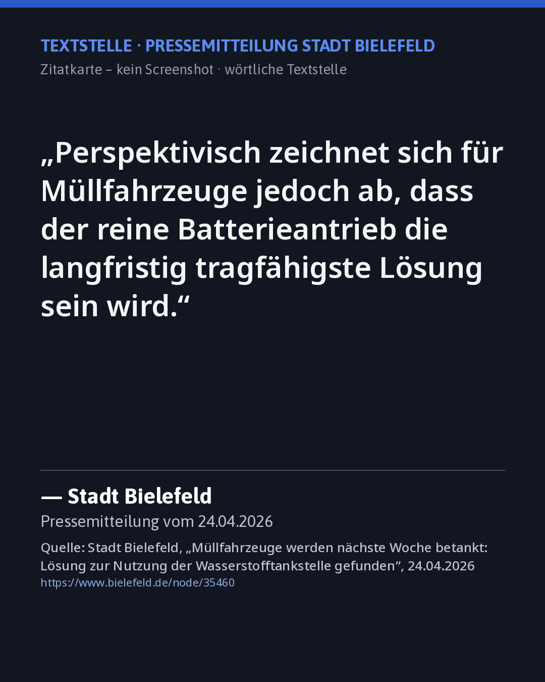 Zitatkarte: Stadt Bielefeld zu Müllfahrzeugen und Batterieantrieb, Quelle siehe Karte