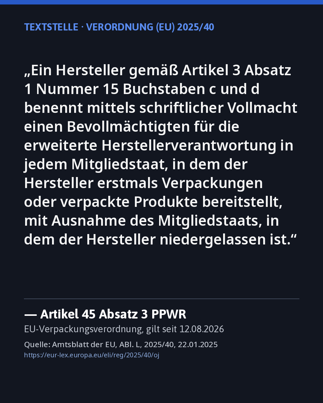 Zitatkarte: Art. 45 Abs. 3 PPWR im Wortlaut, Quelle siehe Karte