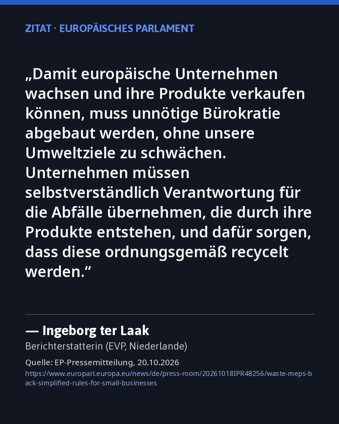 Zitatkarte: Berichterstatterin ter Laak zum Bürokratieabbau, Quelle siehe Karte