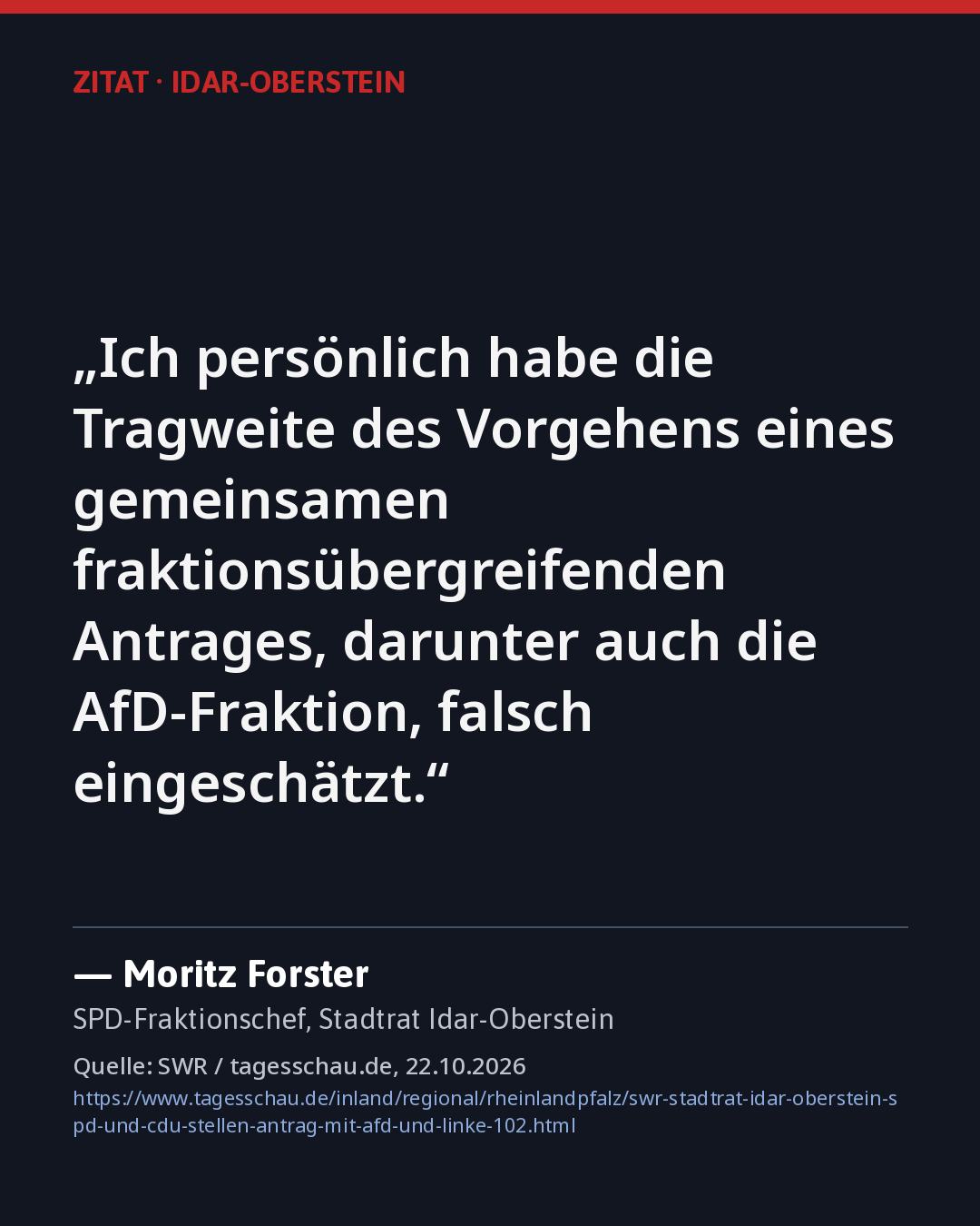 Zitatkarte: Moritz Forster (SPD), 22.10.2026, Quelle siehe Karte
